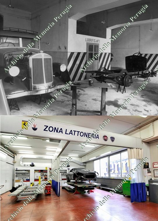 Vecchia e nuova officina nel Garage Chiuini in Piazza IV Novembre (sopra), e nell’attuale sede di Ellera (sotto) 