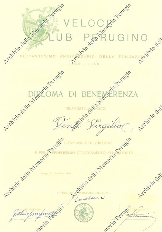 Virgilio Venti, benemerito del Veloce Club Perugino